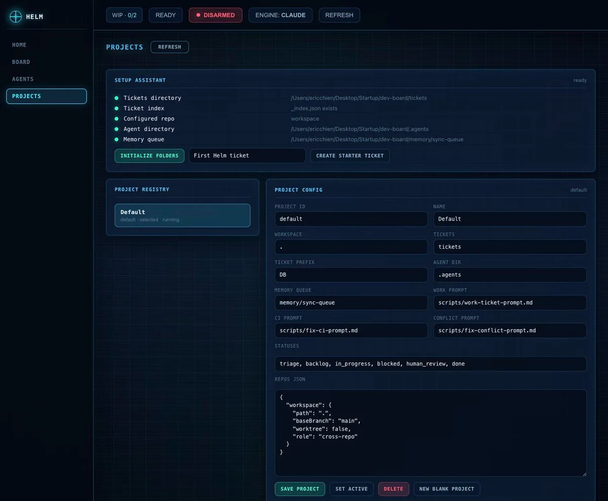 HelmMate project setup screen showing launch state, setup checks, and repository configuration.
