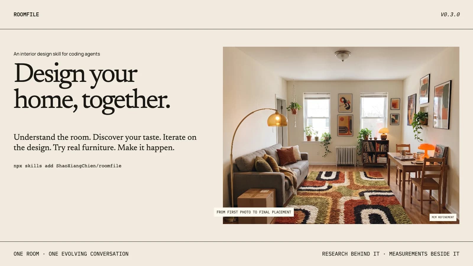 Roomfile’s design example: a warm living room with a sofa, patterned rug, and workspace.